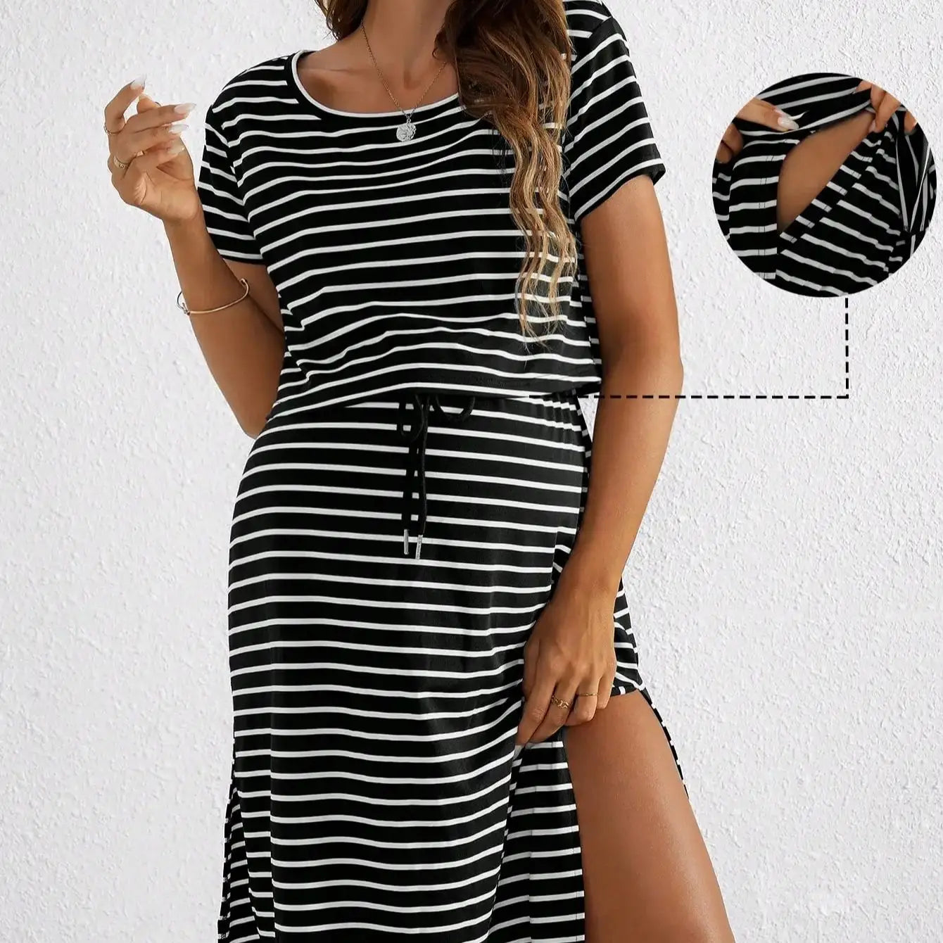 SheVogue 2025 | Maternity & Nursing Friendly Striped Maxi Dress – Elegant Slim Fit with Round Neck – Breathable Short Sleeves for Spring & Summer