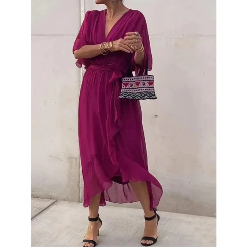 "SheVogue Premium Crossover Deep V Neck Dress | Elegant Bat Sleeve with Sheer Mesh Hem Long Gown – Chic for Office & Casual"