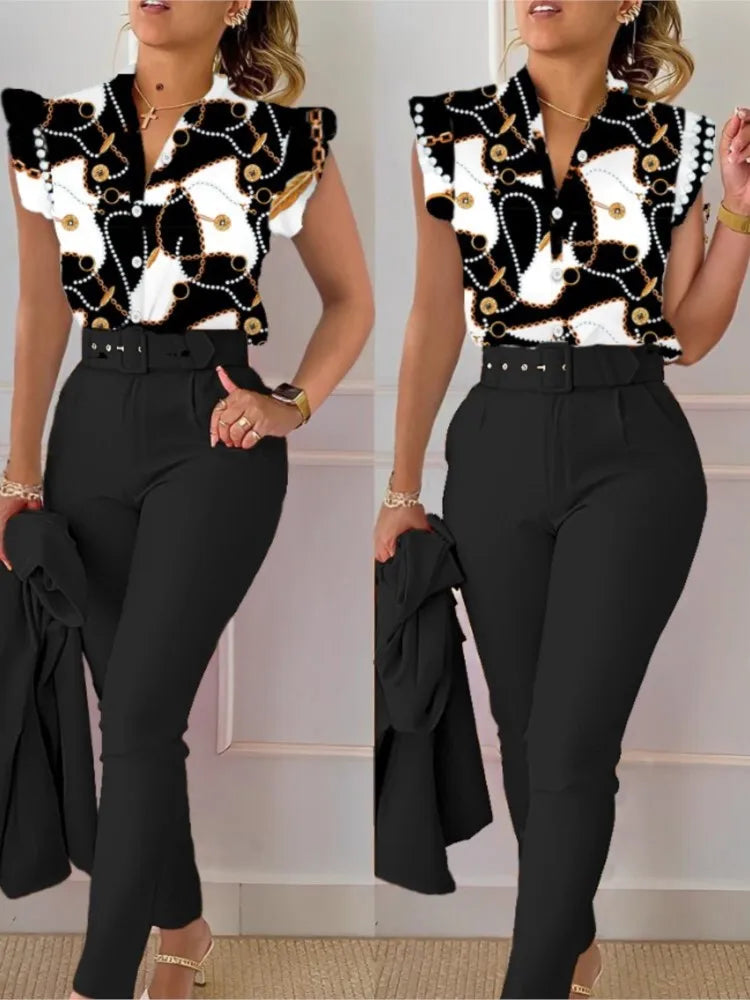 SheVogue Floral V-Neck Blazer Set – Elegant 2-Piece Summer Office Outfit for Women