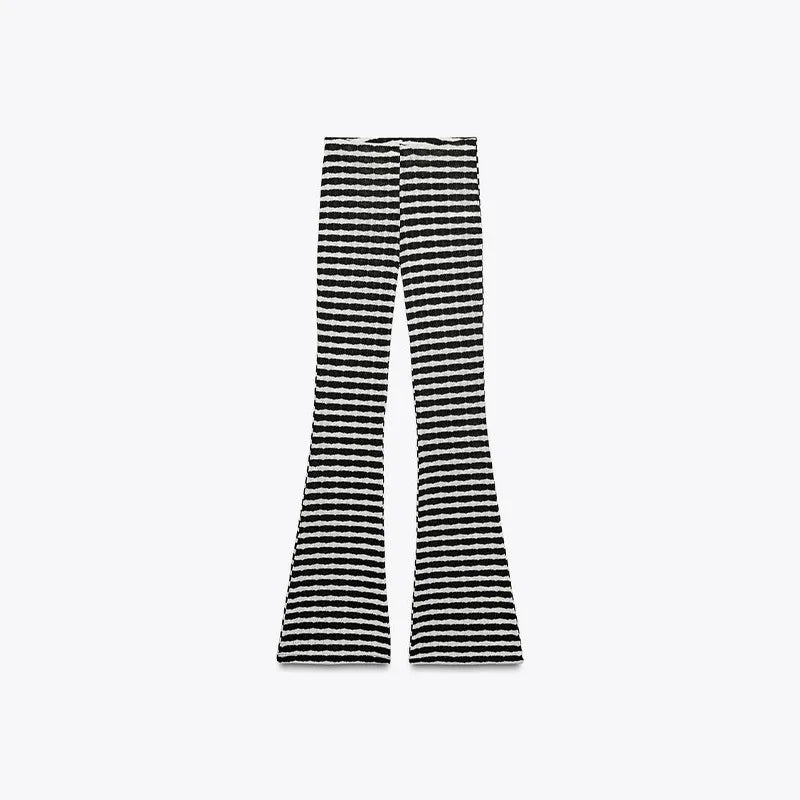 2025 Elegant Striped Knit Two-Piece Set for Women – V-Neck Short Sleeve Top & Wide Leg Drawstring Pants