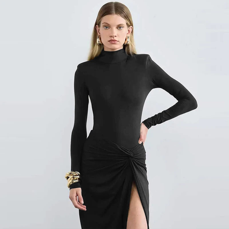 Women's Turtleneck Split Maxi Dress - Long Sleeve Autumn Dress"
