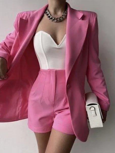 SheVogue 2PCS Office Lady Shorts Set – One-Button Blazer & Zipper Shorts
