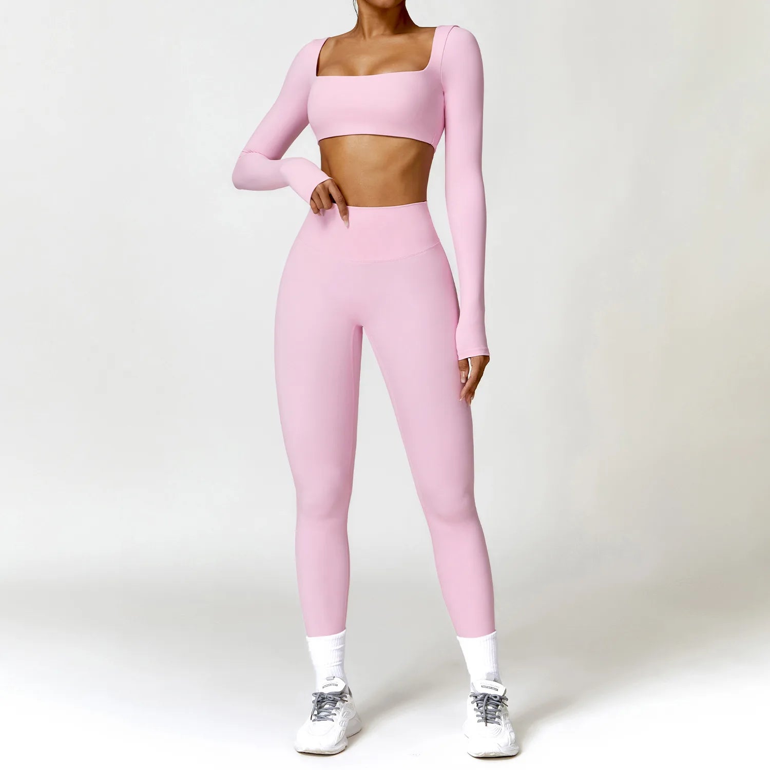 SheVogue 2PCS Women's Tracksuit Yoga Set – Long Sleeve Crop Top & High-Waist Leggings