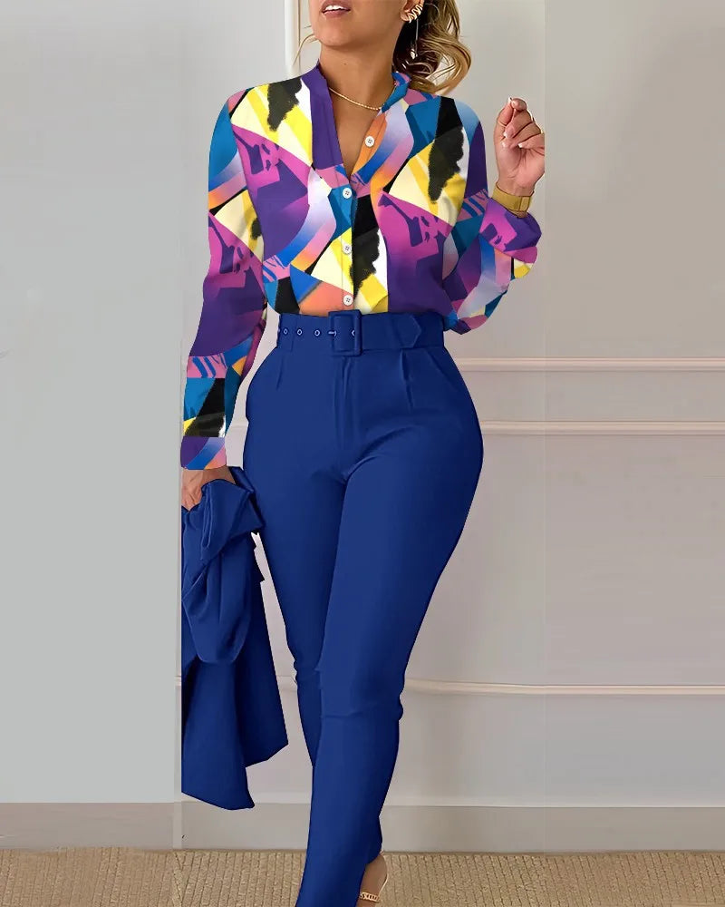 SheVogue 2PCS Floral Office Set – V-Neck Long Sleeve Shirt & Printed Trousers