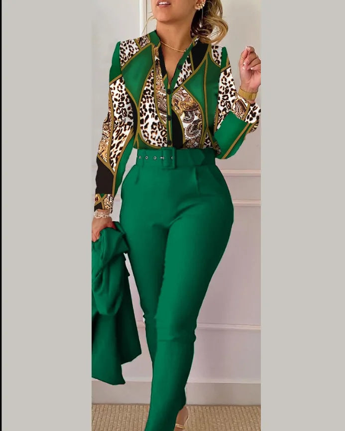 SheVogue 2PCS Floral Office Set – V-Neck Long Sleeve Shirt & Printed Trousers