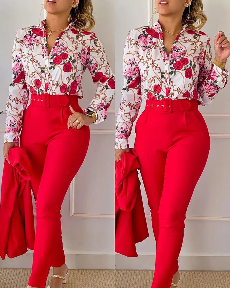 SheVogue 2PCS Floral Office Set – V-Neck Long Sleeve Shirt & Printed Trousers