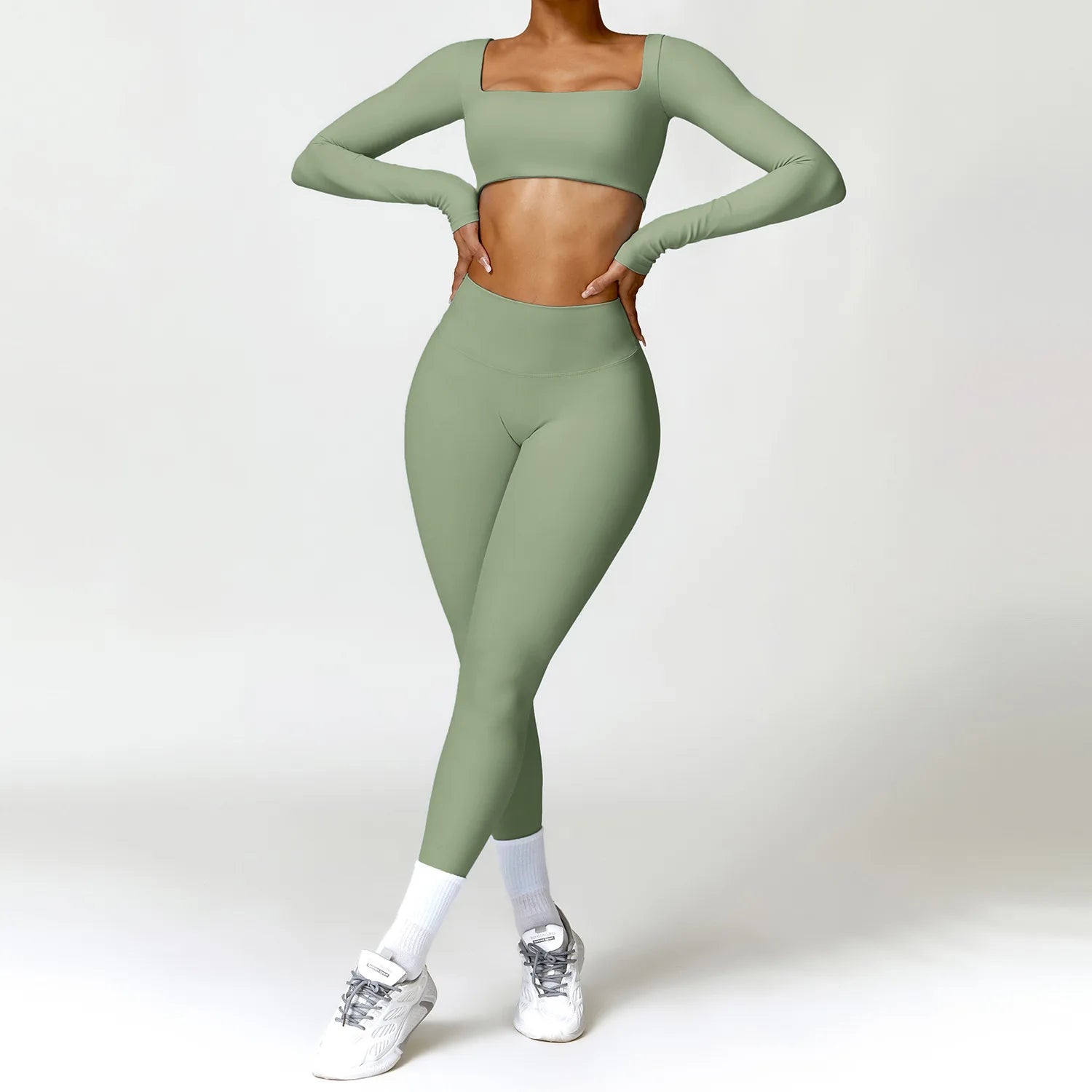 SheVogue 2PCS Women's Tracksuit Yoga Set – Long Sleeve Crop Top & High-Waist Leggings
