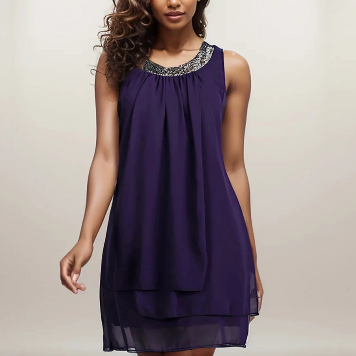 SheVogue Plus Size Women's Shift Dress – Elegant Sleeveless Knee-Length Layered Summer Dress 2025 | Solid Colors: Black, Purple, Navy Blue