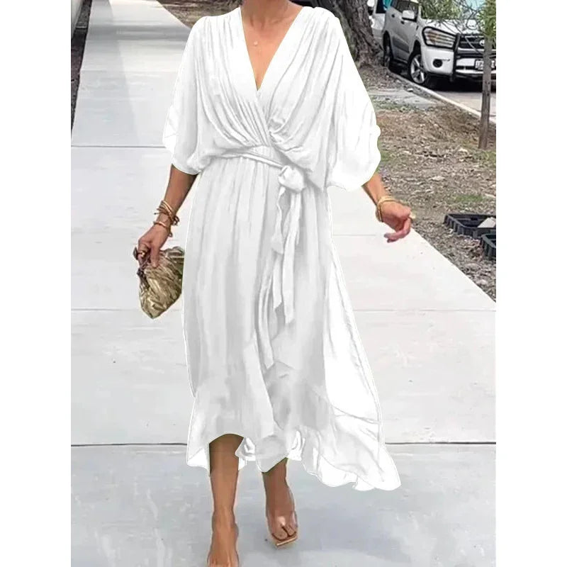 "SheVogue Premium Crossover Deep V Neck Dress | Elegant Bat Sleeve with Sheer Mesh Hem Long Gown – Chic for Office & Casual"