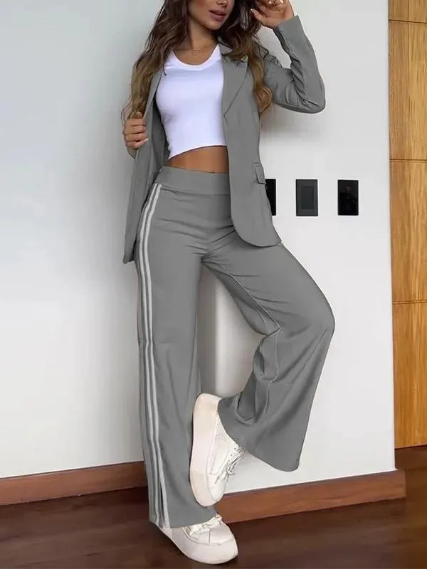 SheVogue 2PCS Elegant Office Set – Open Front Blazer & Striped Side-Slit Trousers