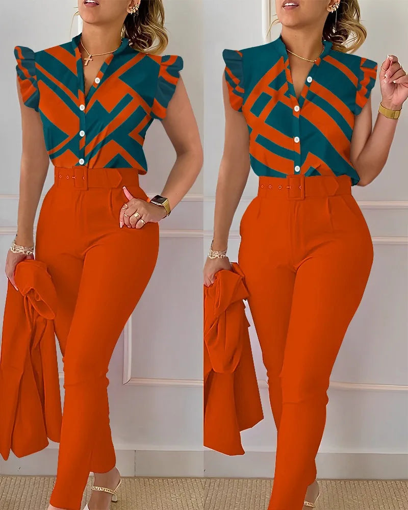 SheVogue Floral V-Neck Blazer Set – Elegant 2-Piece Summer Office Outfit for Women