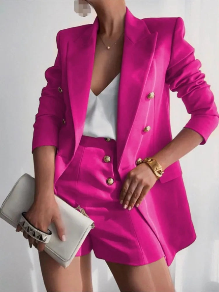 SheVogue 2PCS Classic Shorts Suit – Long Sleeve Double-Breasted Blazer & Solid Color Shorts