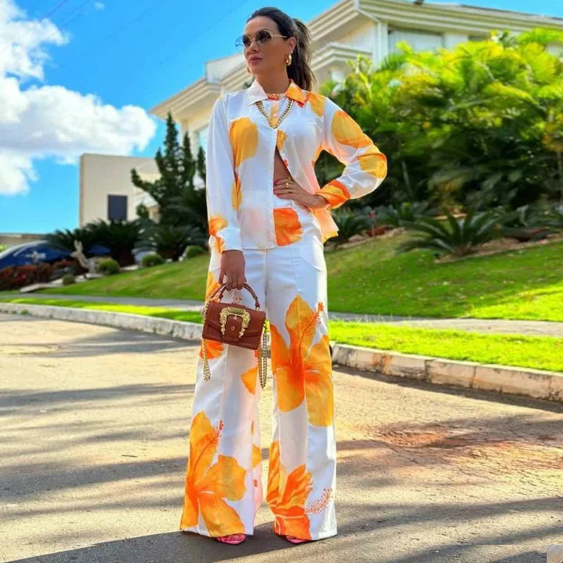 SheVogue 2PCS Floral Shirt & Wide-Leg Pants Set – Casual Office Look for Women