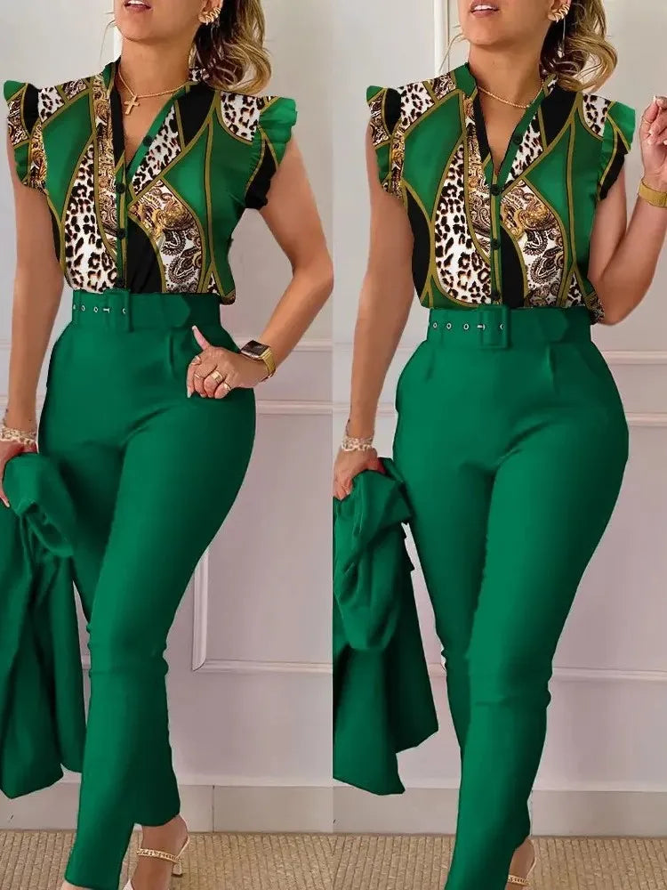 SheVogue Floral V-Neck Blazer Set – Elegant 2-Piece Summer Office Outfit for Women