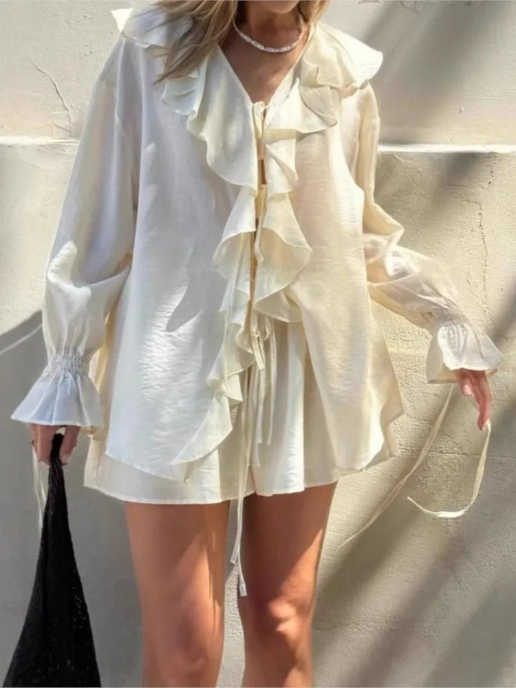 2025 French Style 2-Piece Set for Women – Flare Sleeve Lace-Up Blouse & Sheer Mesh Shorts with Ruffle Hem