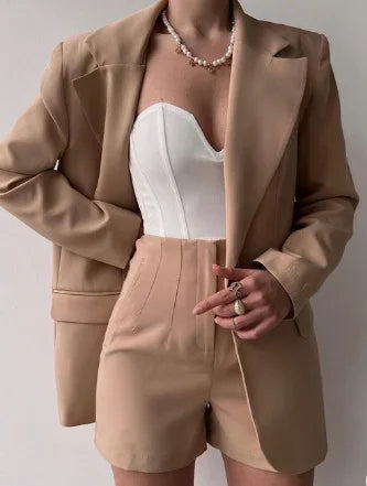 SheVogue 2PCS Office Lady Shorts Set – One-Button Blazer & Zipper Shorts