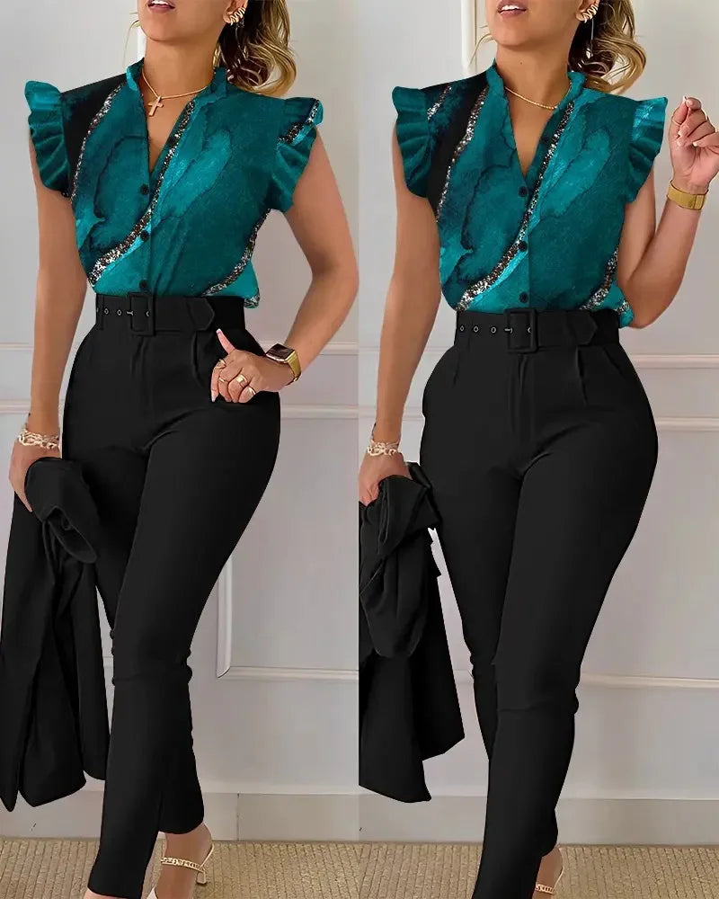 SheVogue Floral V-Neck Blazer Set – Elegant 2-Piece Summer Office Outfit for Women