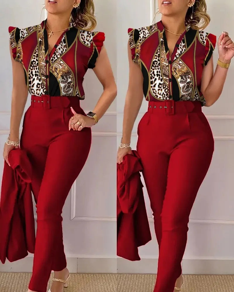 SheVogue Floral V-Neck Blazer Set – Elegant 2-Piece Summer Office Outfit for Women