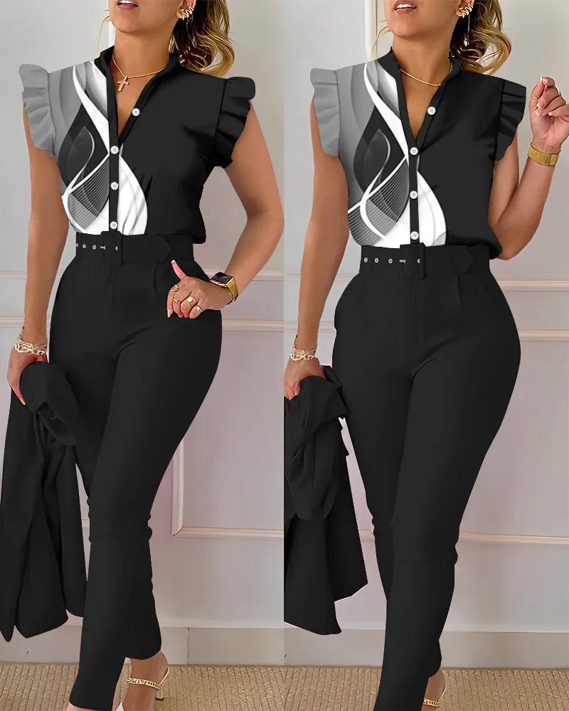 SheVogue Floral V-Neck Blazer Set – Elegant 2-Piece Summer Office Outfit for Women