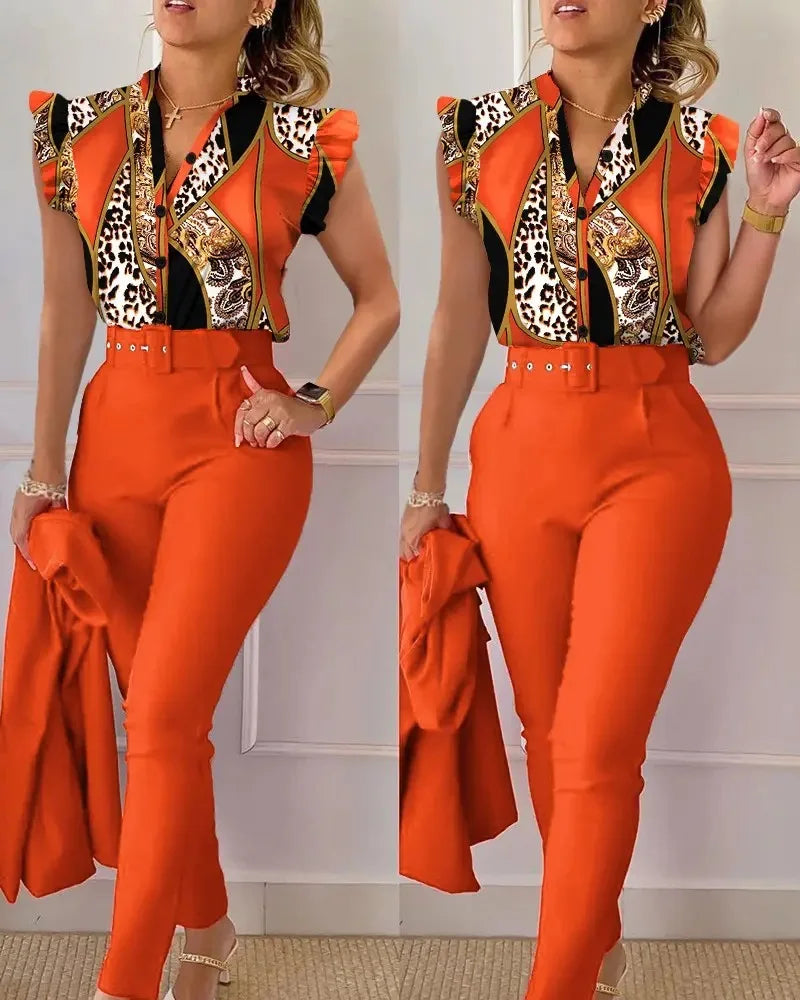 SheVogue Floral V-Neck Blazer Set – Elegant 2-Piece Summer Office Outfit for Women