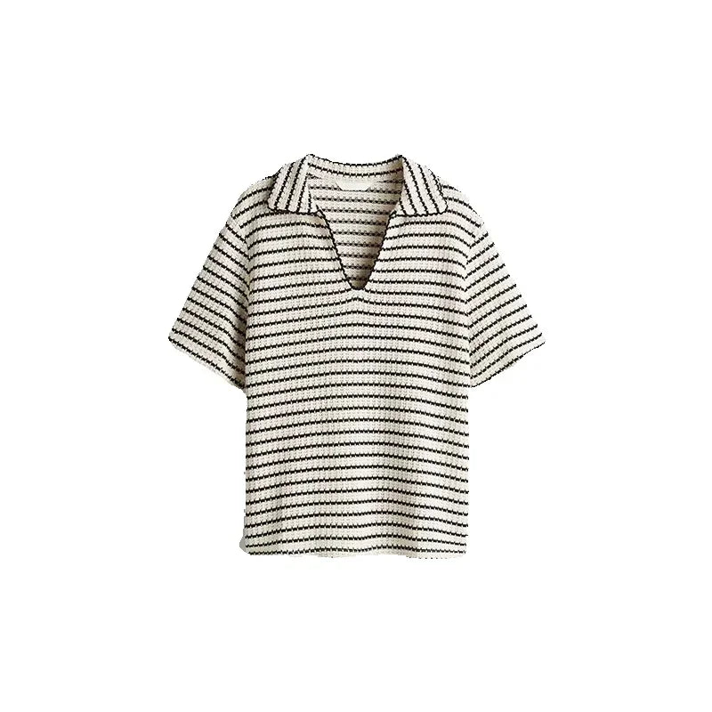 2025 Elegant Striped Knit Two-Piece Set for Women – V-Neck Short Sleeve Top & Wide Leg Drawstring Pants