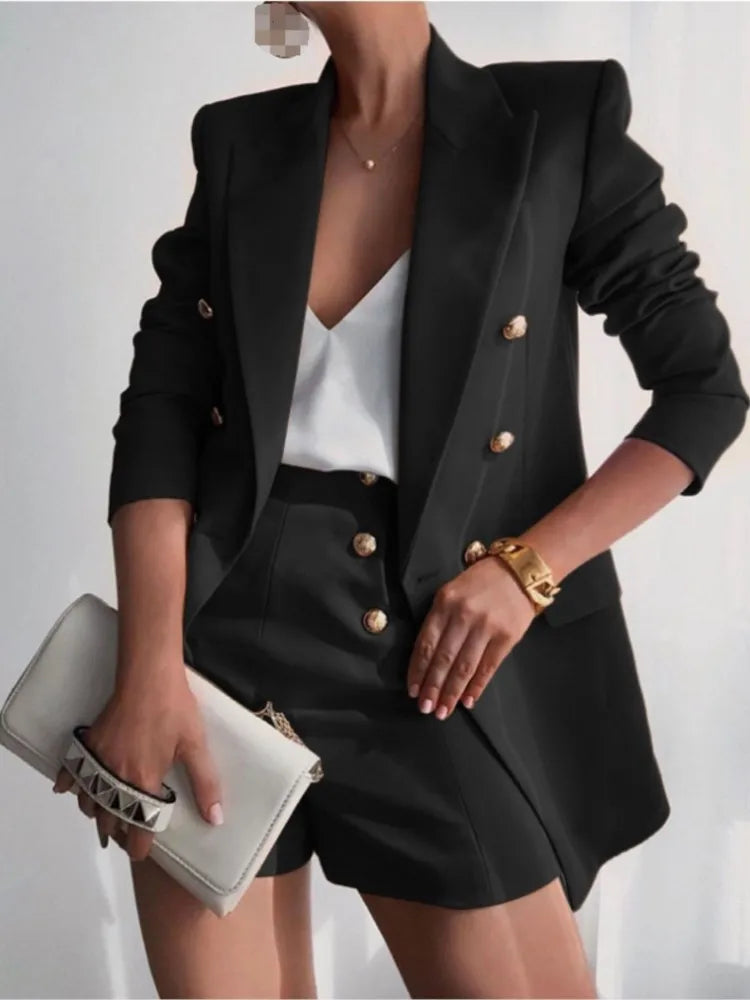 SheVogue 2PCS Classic Shorts Suit – Long Sleeve Double-Breasted Blazer & Solid Color Shorts