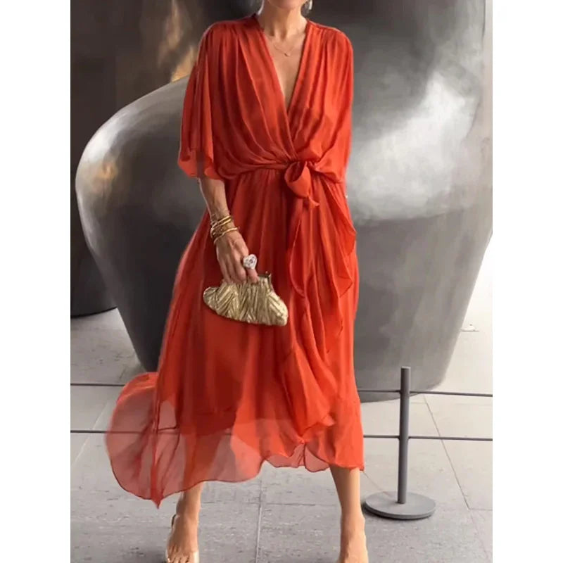 "SheVogue Premium Crossover Deep V Neck Dress | Elegant Bat Sleeve with Sheer Mesh Hem Long Gown – Chic for Office & Casual"