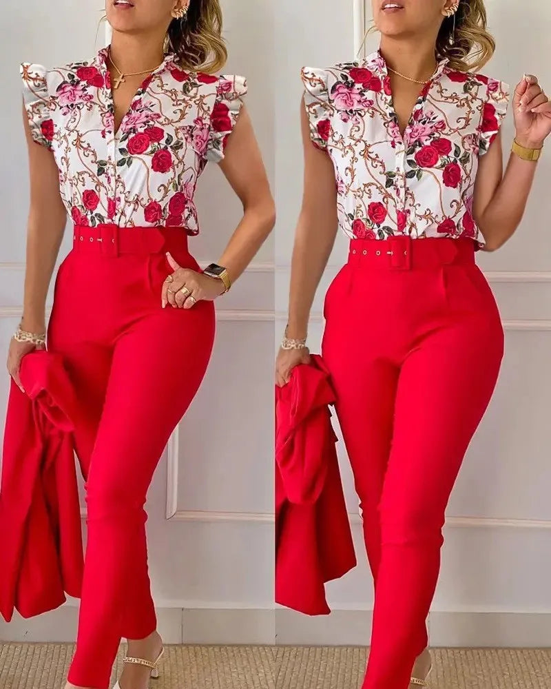 SheVogue Floral V-Neck Blazer Set – Elegant 2-Piece Summer Office Outfit for Women