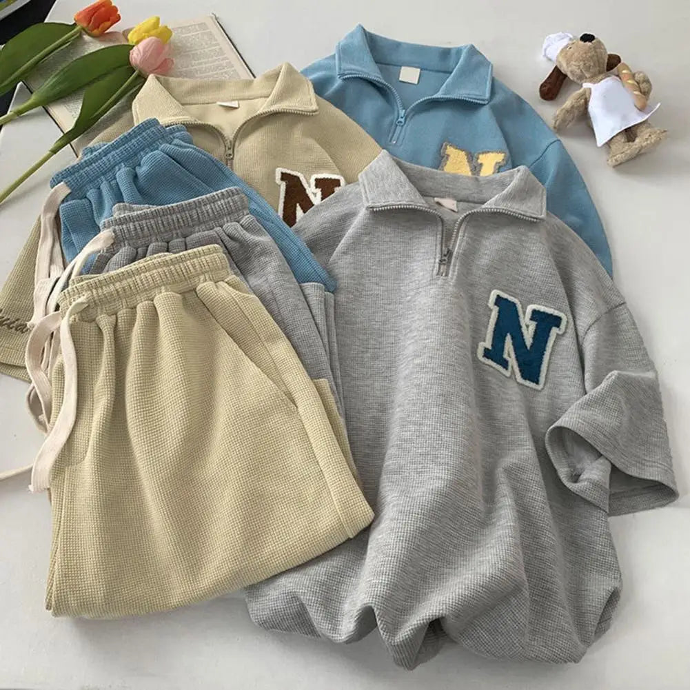 2-Piece Waffle Texture Lounge Set – Casual Letter Print T-Shirt & Drawstring Shorts for Women
