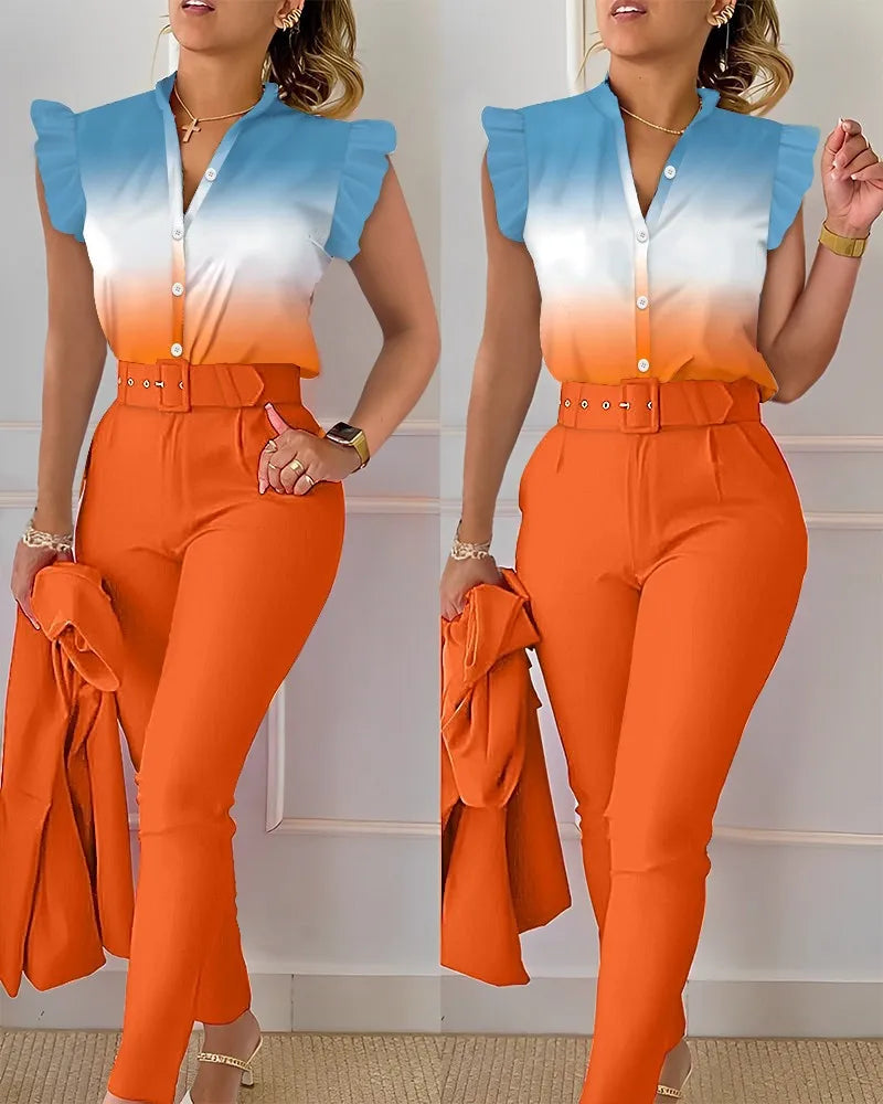 SheVogue Floral V-Neck Blazer Set – Elegant 2-Piece Summer Office Outfit for Women