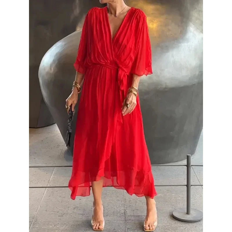 "SheVogue Premium Crossover Deep V Neck Dress | Elegant Bat Sleeve with Sheer Mesh Hem Long Gown – Chic for Office & Casual"