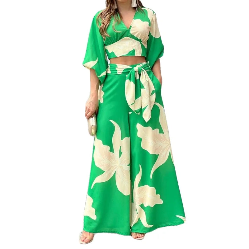 SheVogue 2PCS Vacation Set – V-Neck Lantern Sleeve Top & Lace-Up Floral Pants