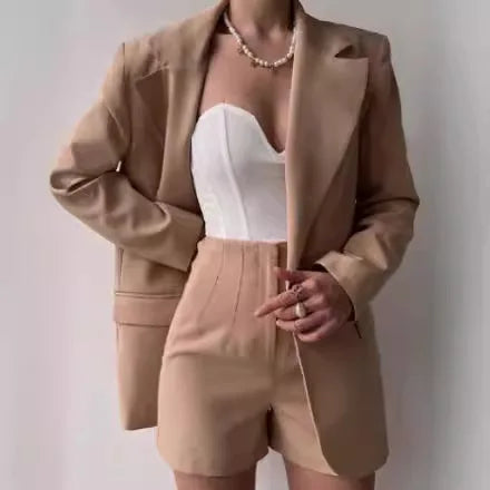SheVogue 2PCS Office Lady Shorts Set – One-Button Blazer & Zipper Shorts