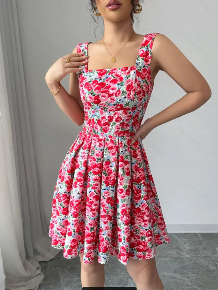 SheVogue Summer 2025 – Retro Printed Slim Pleated Mini Dress