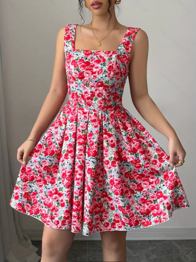 SheVogue Summer 2025 – Retro Printed Slim Pleated Mini Dress