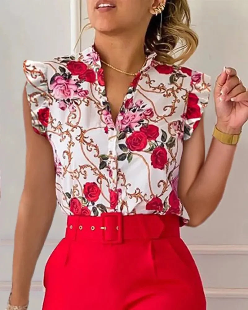 SheVogue Floral V-Neck Blazer Set – Elegant 2-Piece Summer Office Outfit for Women